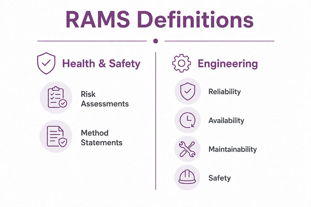 Comparison infographic of RAMS definitions in safety and engineering
