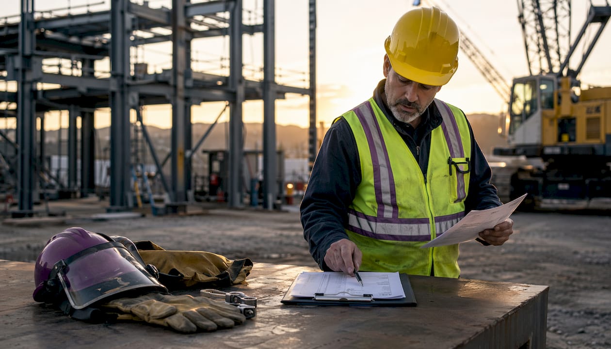 Safety officer reviewing hot work permit outdoors