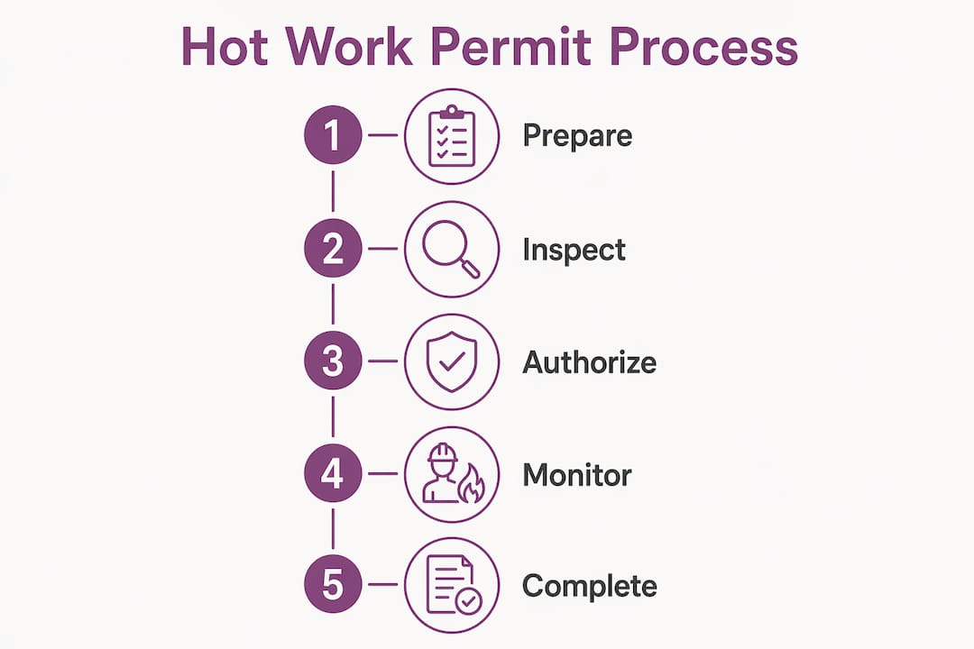 Infographic illustrating hot work permit steps from preparation to completion