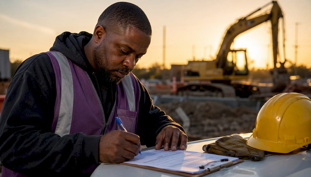 Hands completing job hazard analysis form on clipboard