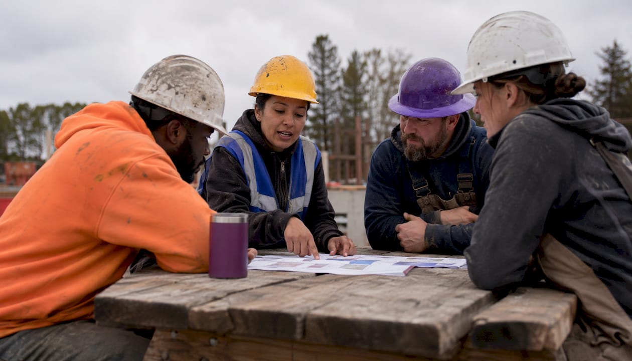 Construction crew discussing pre-task safety plan