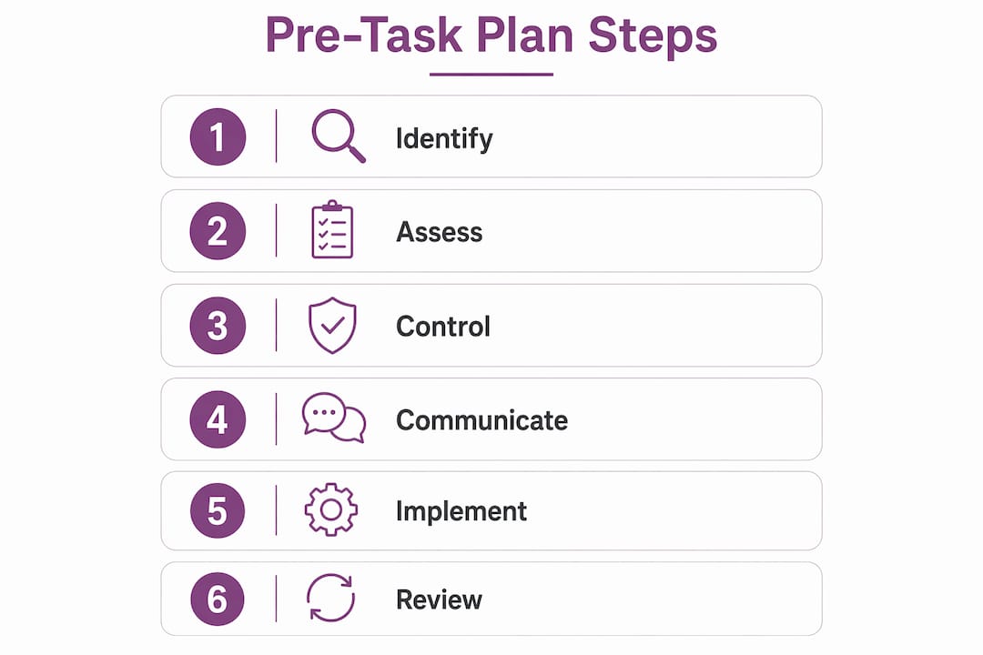 Infographic showing six steps of pre-task safety plan