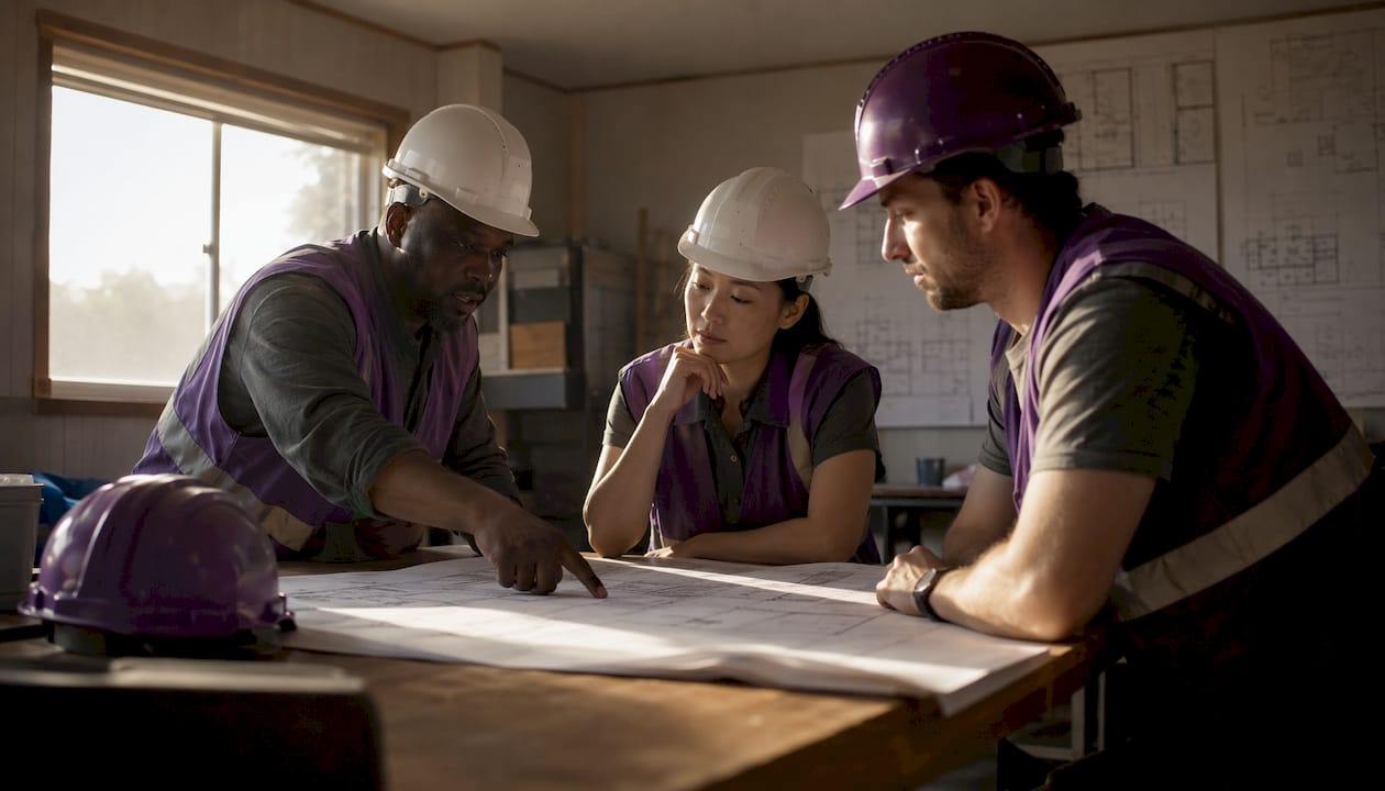 Diverse construction team reviewing pre-task plan outdoors