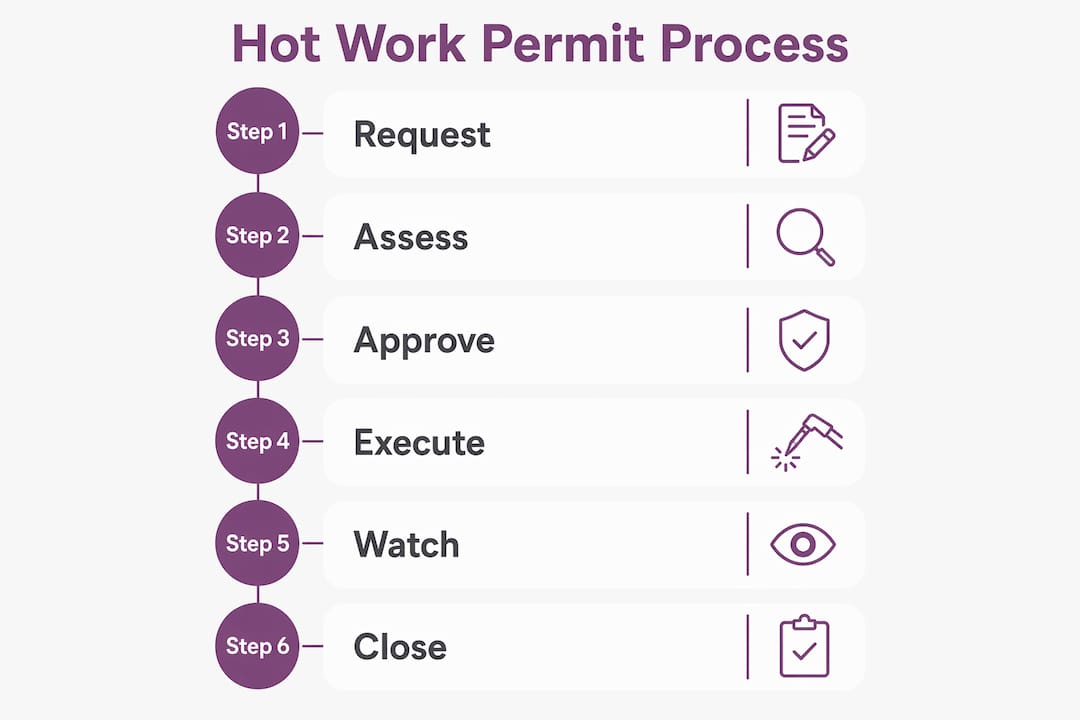 Infographic showing hot work permit process steps