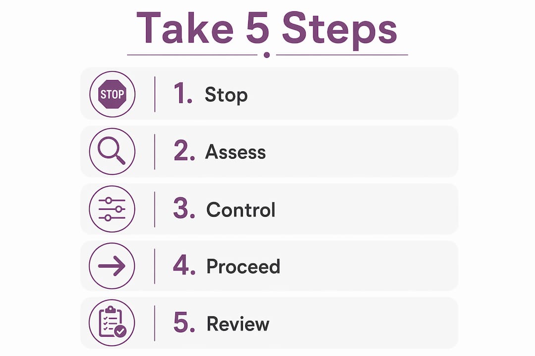 Infographic illustrating the five steps of Take 5 safety checklist