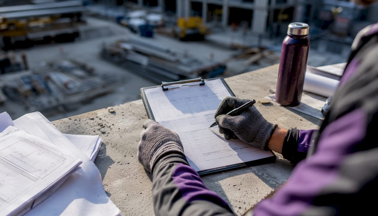 Hands filling out PTP form with gloves on