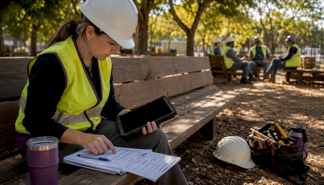 Safety officer’s hands using tablet and paper JSA forms