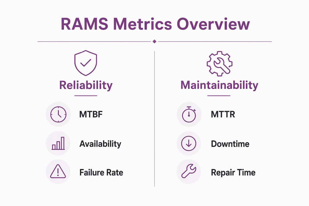Infographic comparing RAMS reliability and maintainability metrics