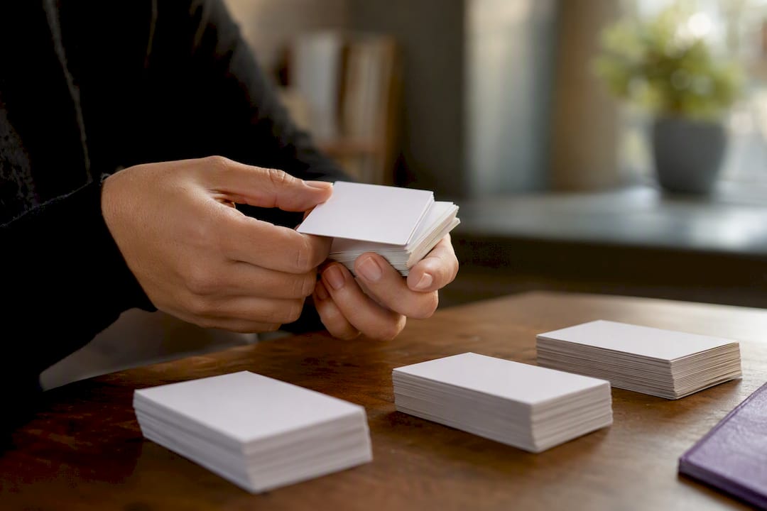 Hand holding fan of blank workforce compliance cards