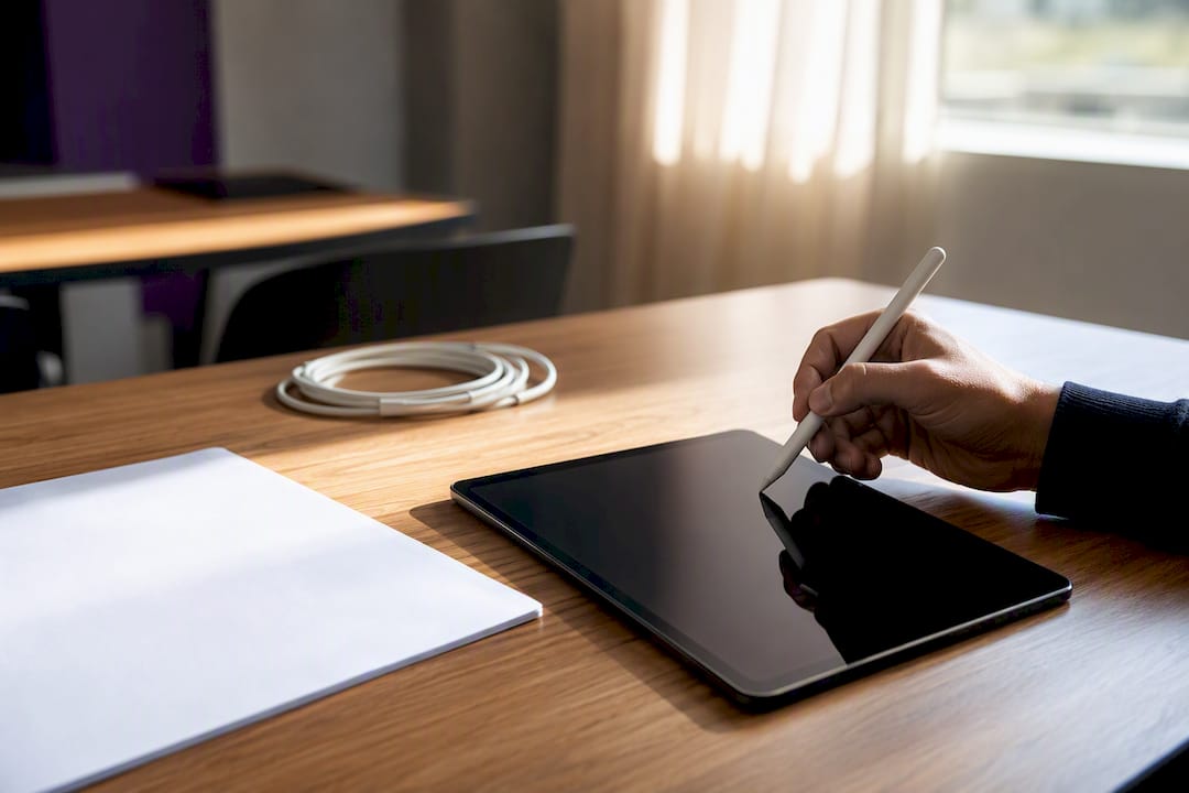 Hand interacting with tablet beside certification sheet