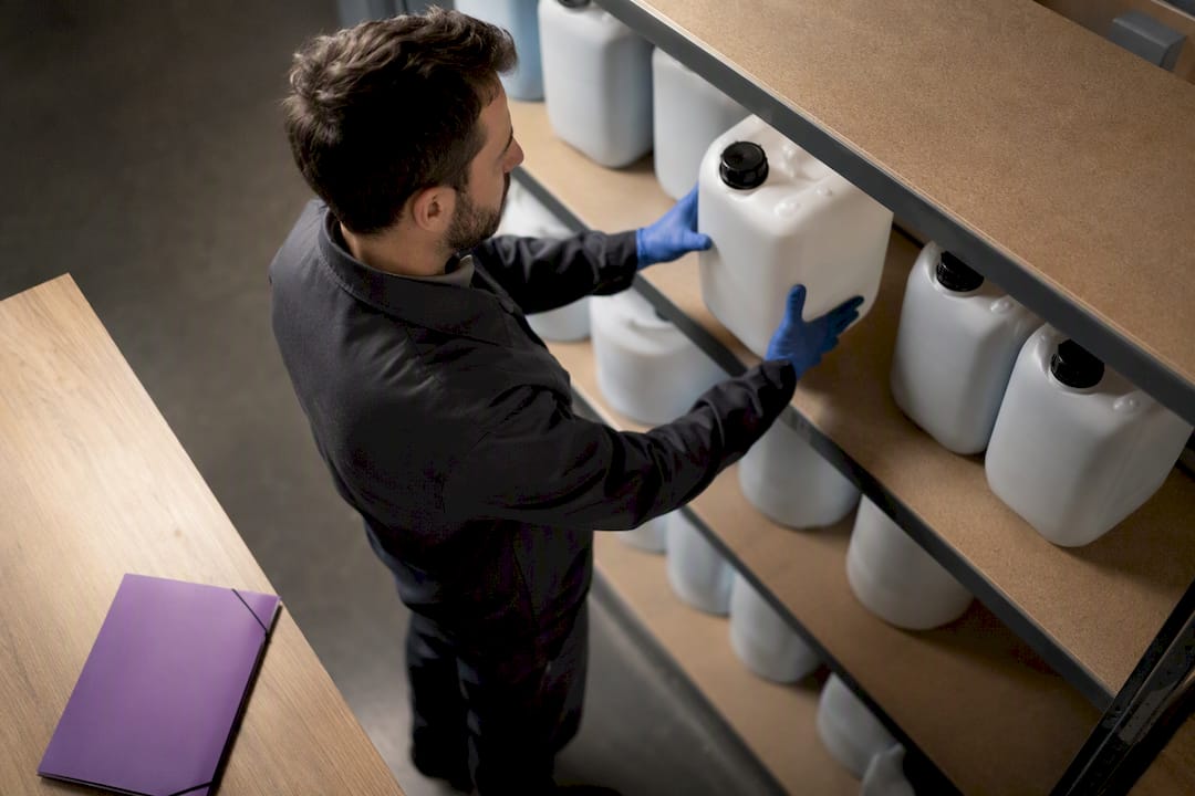 Worker placing new chemical container