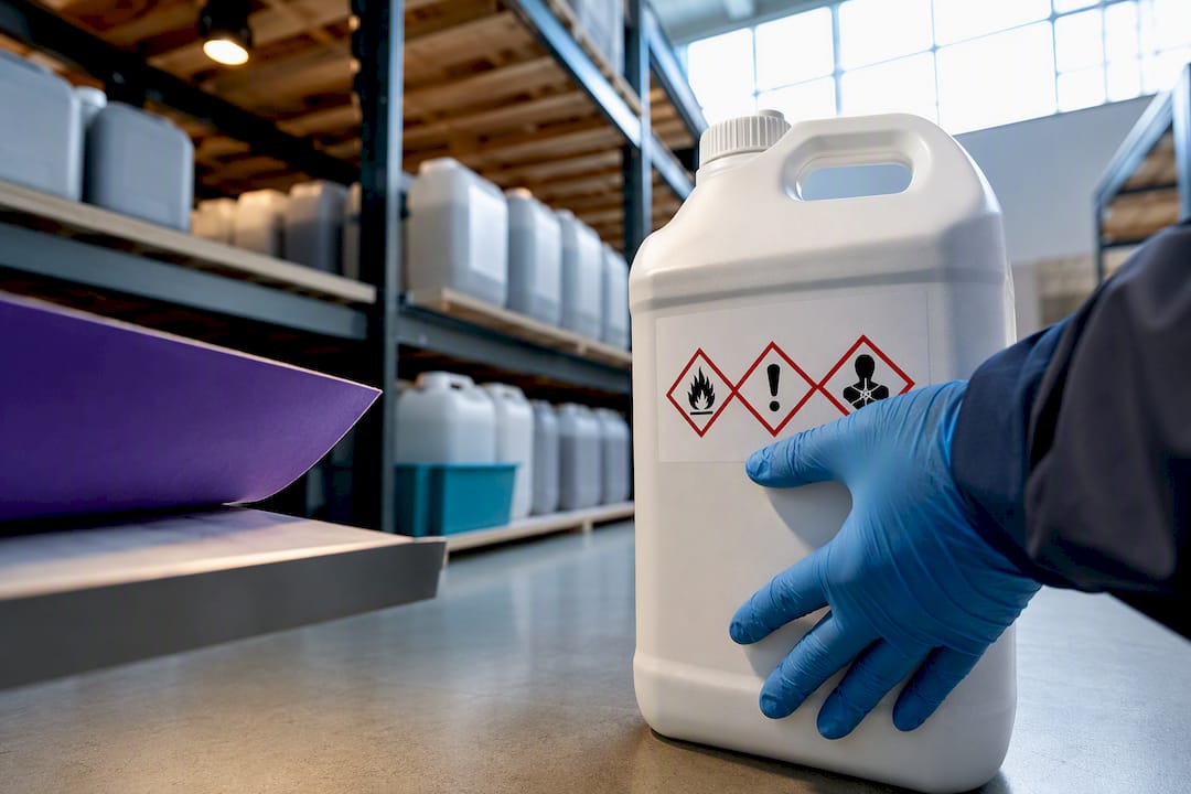 Worker inspecting chemical hazard information
