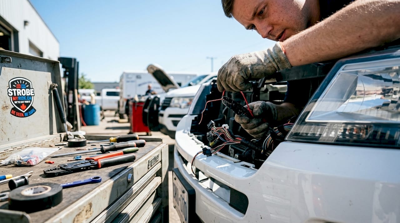 Hands using wire stripper on automotive wiring