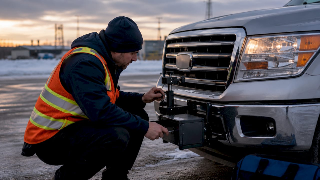 Technician adjusting headlight aiming outdoors