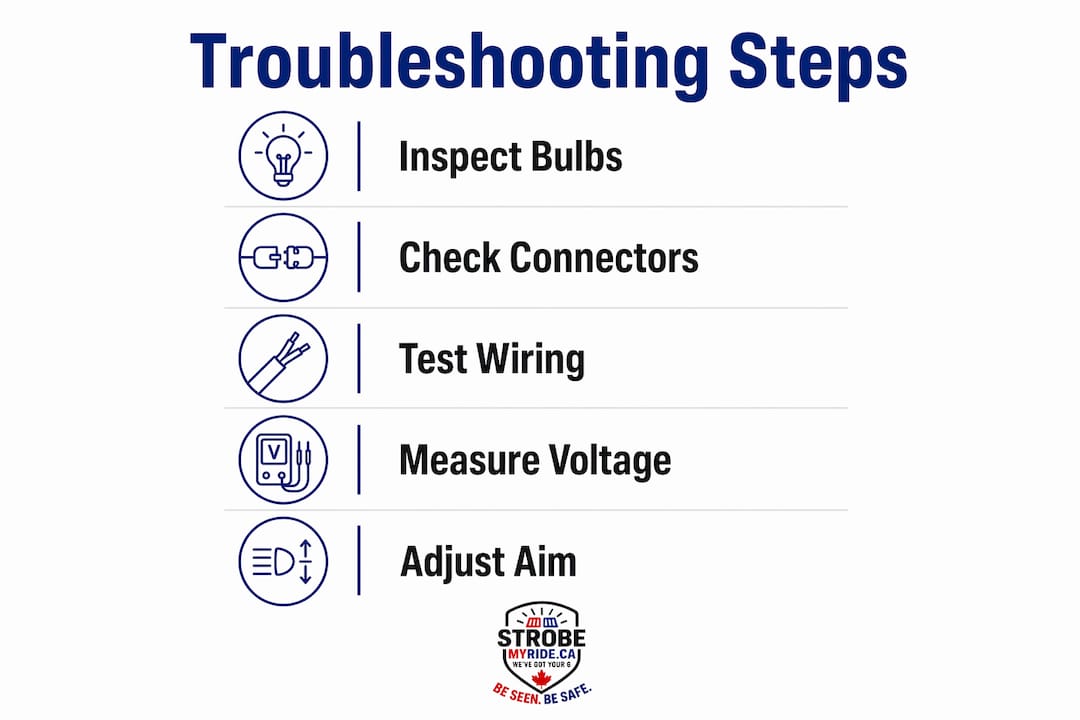 Infographic illustrating vehicle lighting troubleshooting steps