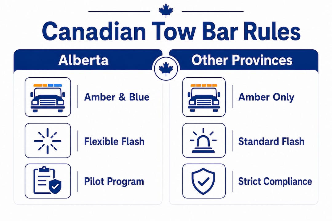 Infographic comparing tow truck light bar laws in Alberta and other provinces