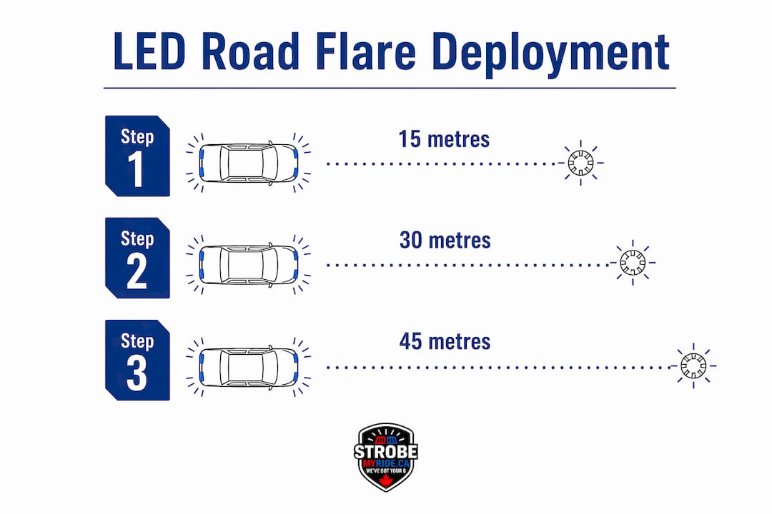 Infographic displaying LED road flare placement distances