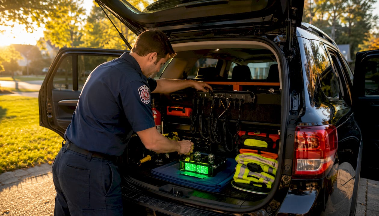 Hands organizing emergency equipment in vehicle