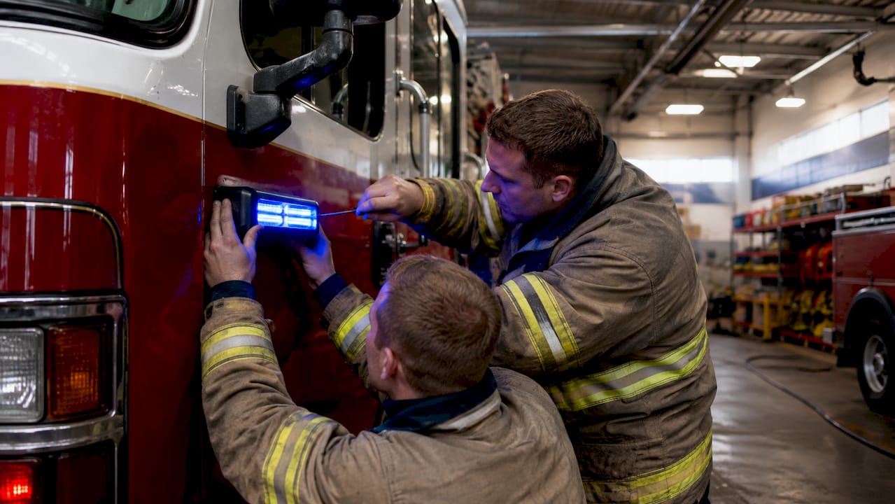 Firefighters installing emergency LED lights