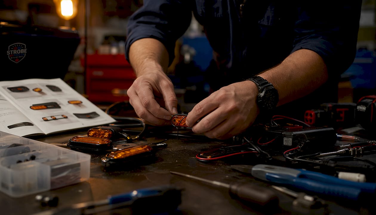 Technician adjusting LED emergency warning lights