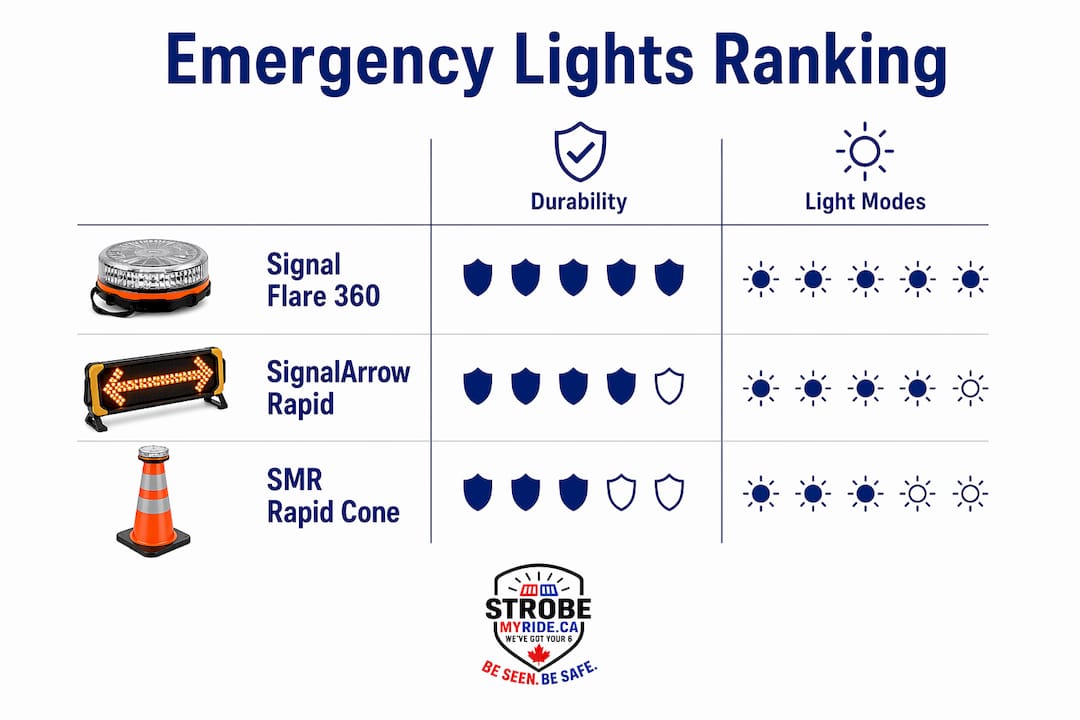 Infographic ranking roadside emergency lights and features
