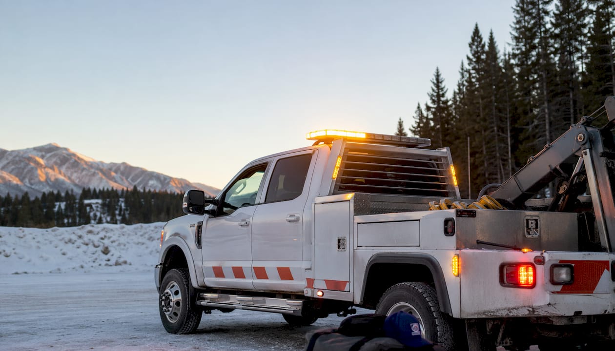 Work truck with amber LED beacon lighting active