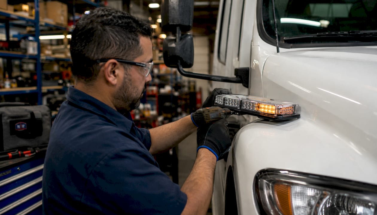 Technician installing amber dual-function LED light