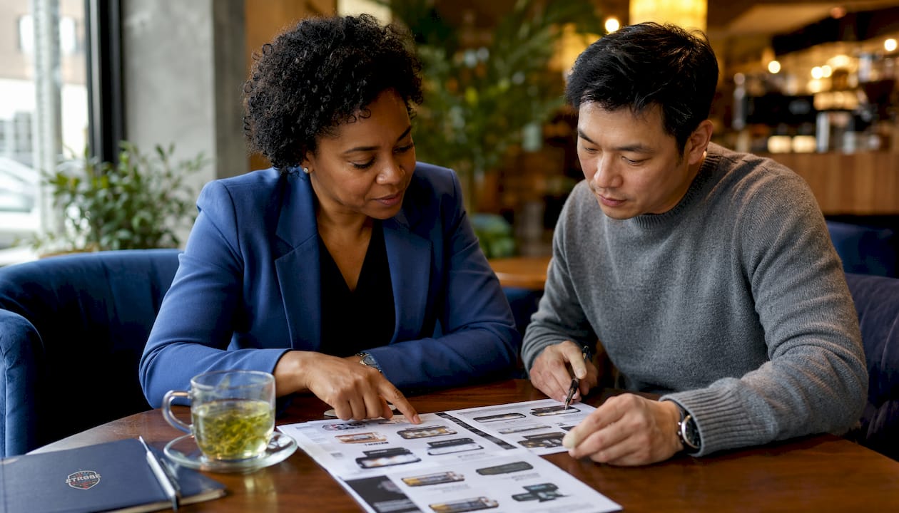 Two professionals reviewing strobe light brands in conference room