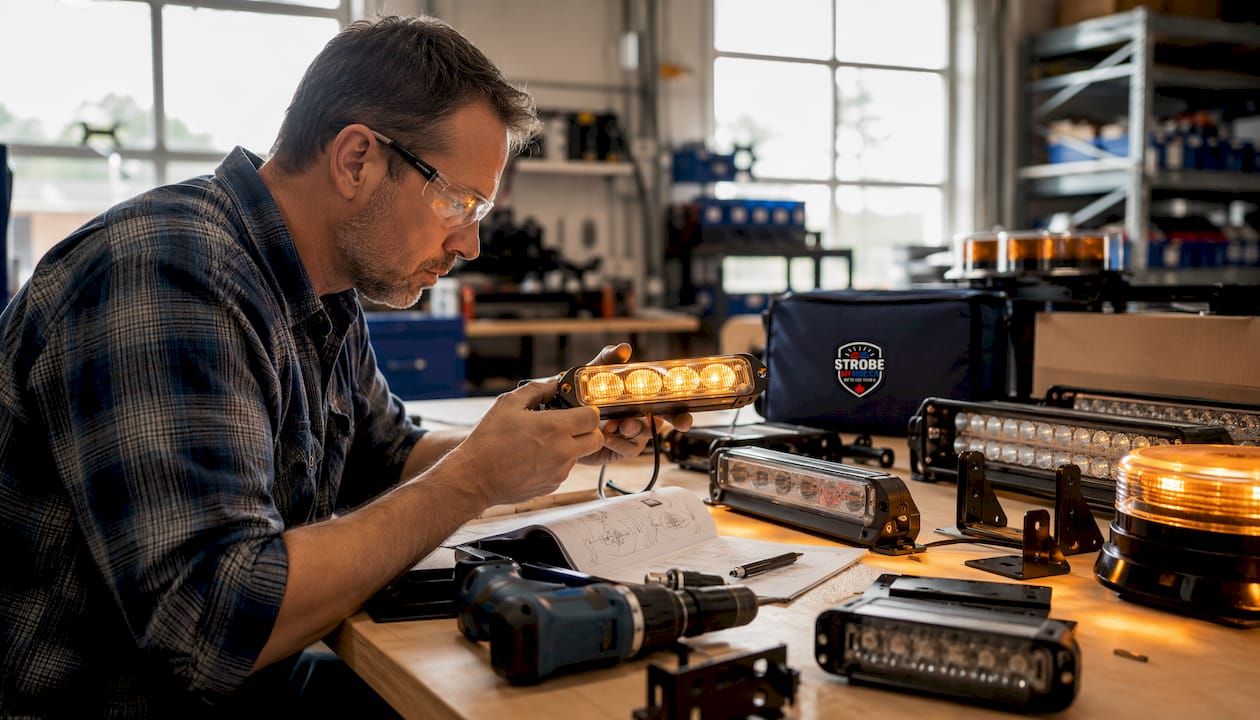 Craftsman inspecting strobe light in workshop