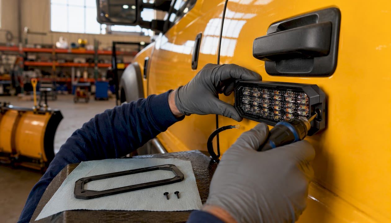 Technician installing strobe light on truck roof
