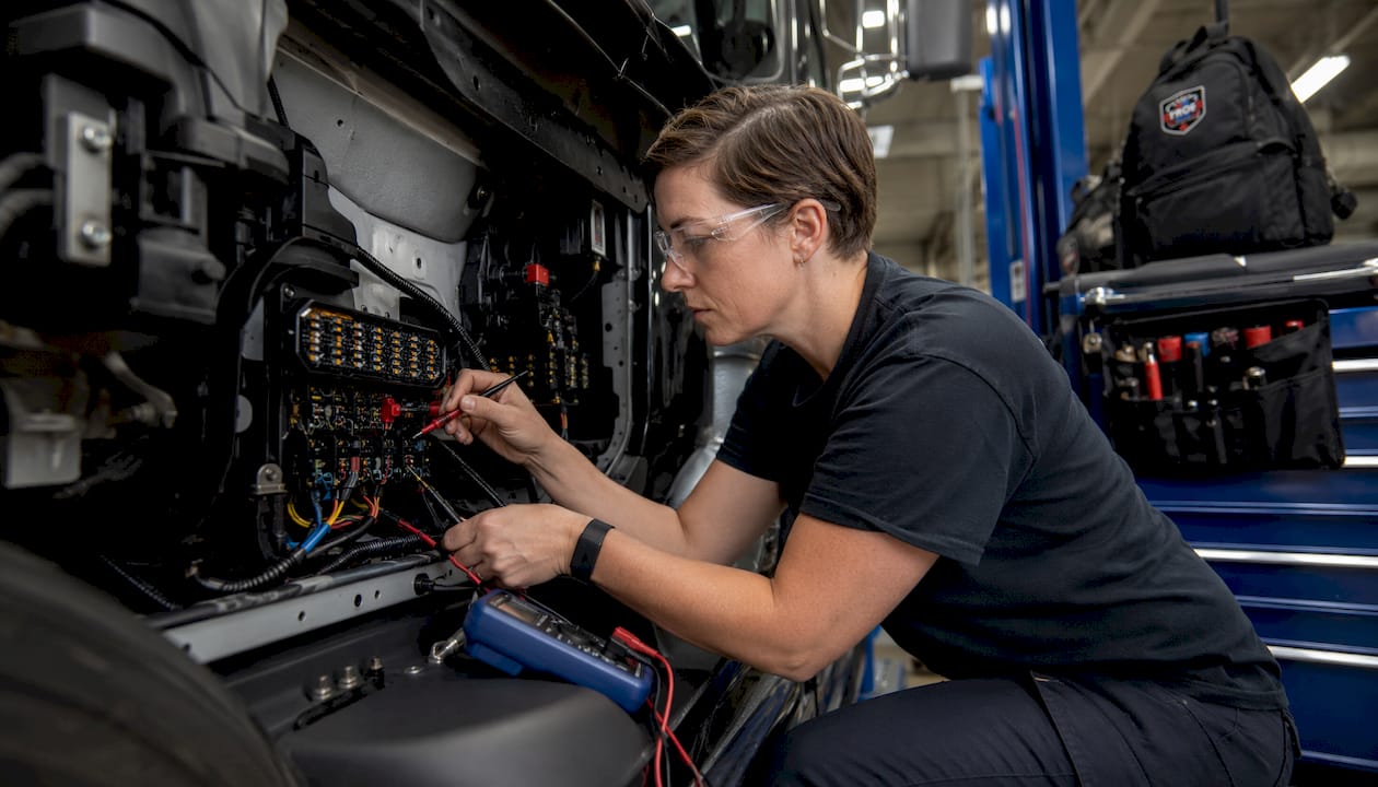 Electrician wiring LED strobe lights inside vehicle