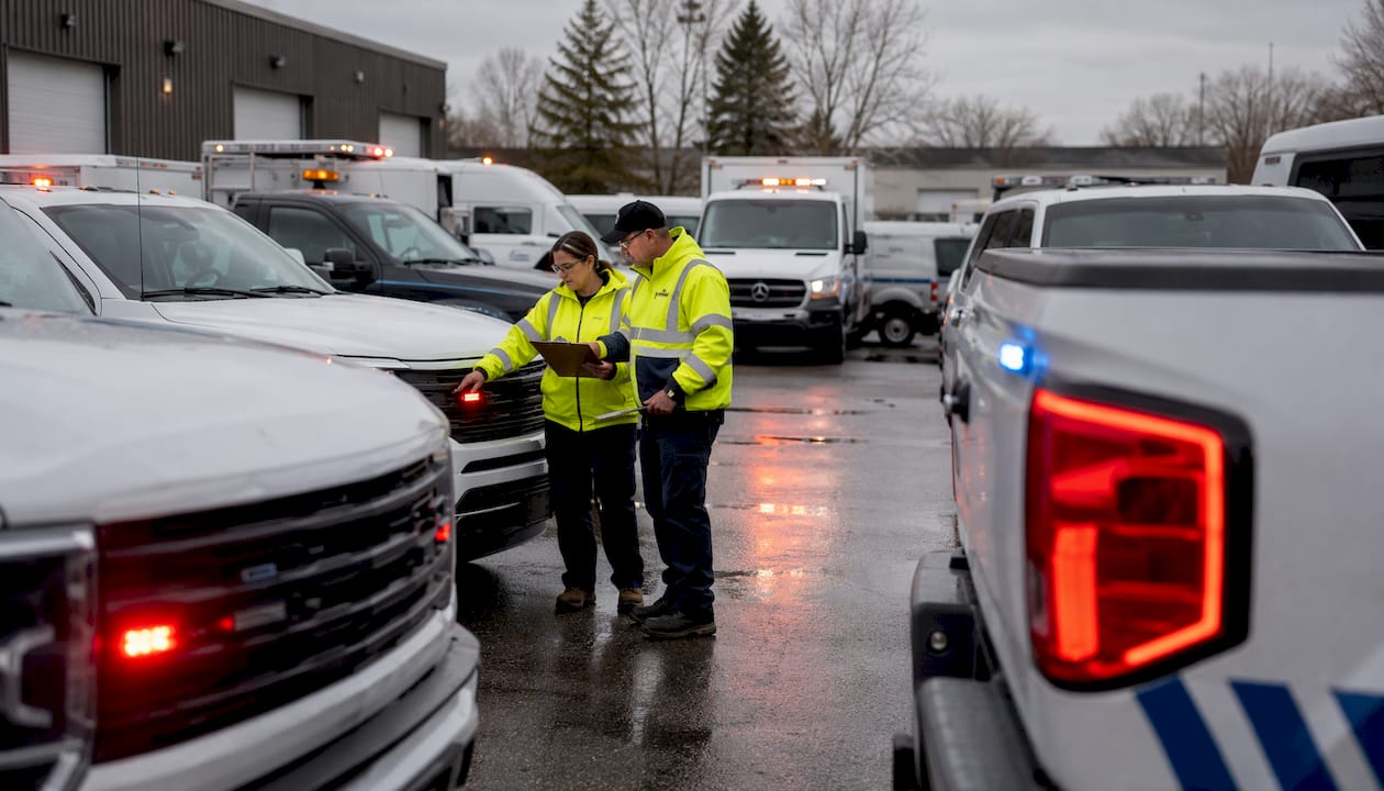 Technicians inspecting strobe light mounting on various vehicles