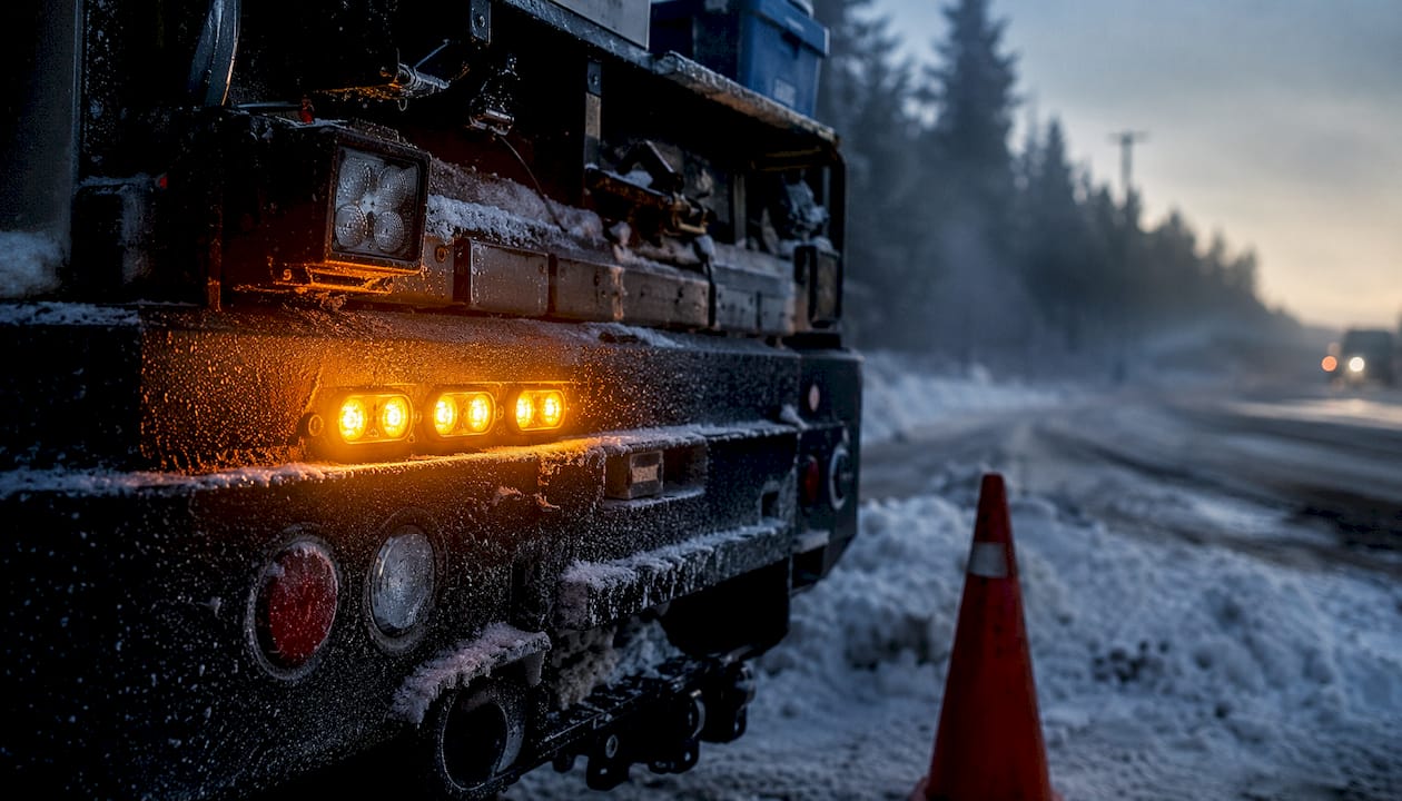 Close-up of hideaway strobe light with road salt and snow