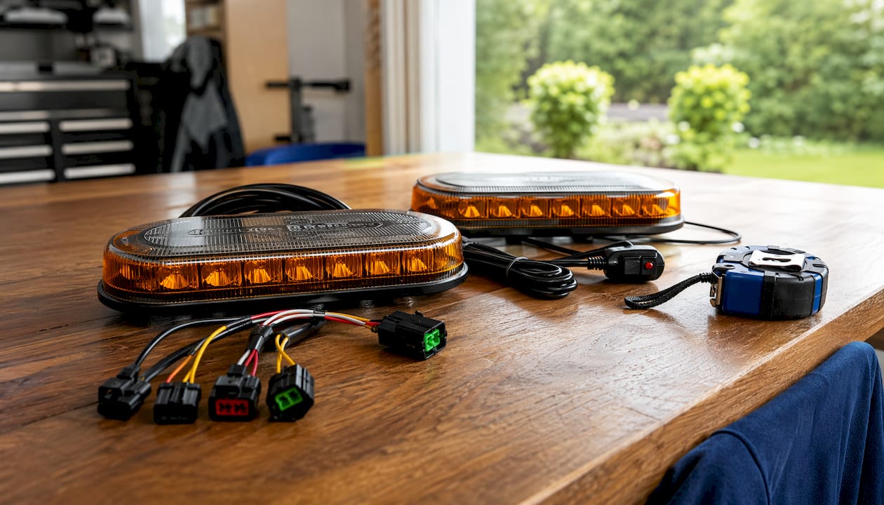 Close-up of two compact amber mini light bar models