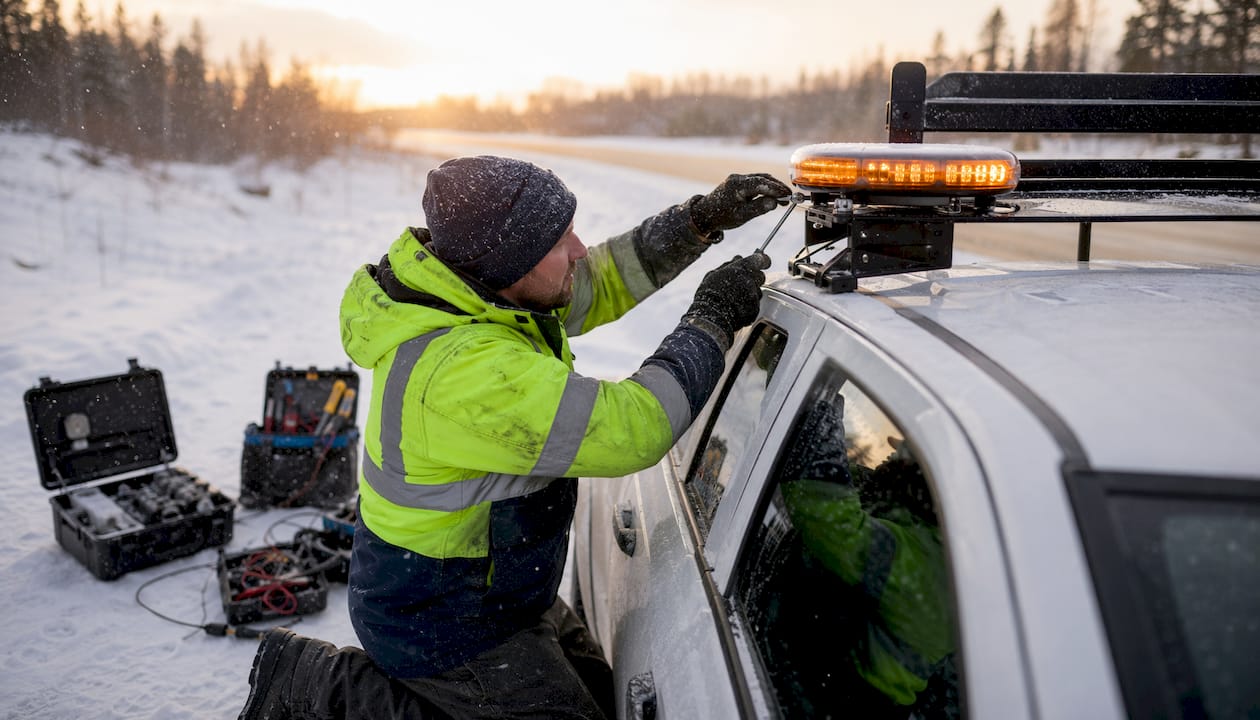 Technician installing amber mini light bar outdoors