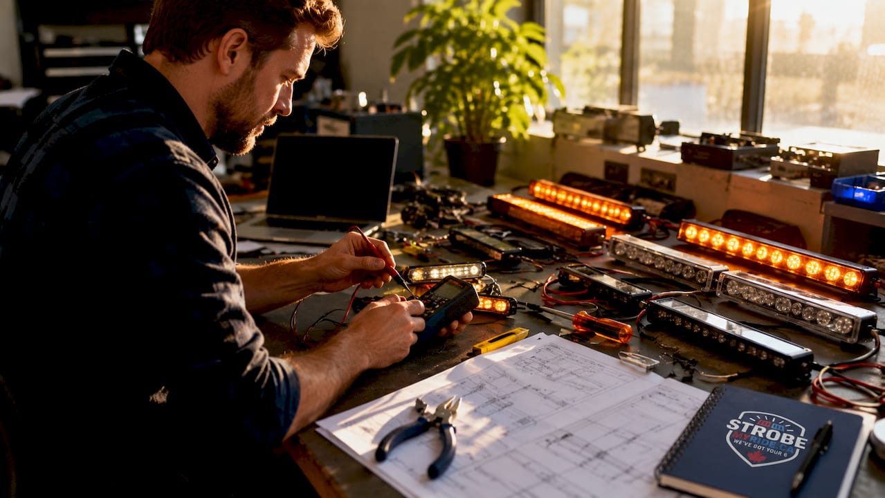 Technician measuring LED visor light specifications