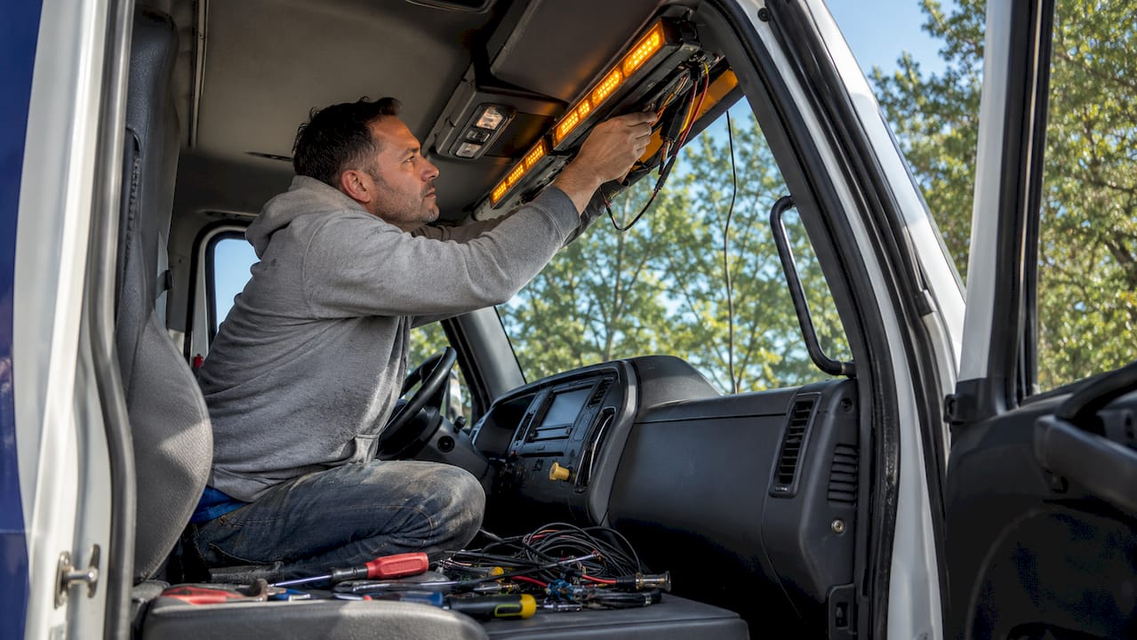 Electrician wiring visor light bar inside tow truck