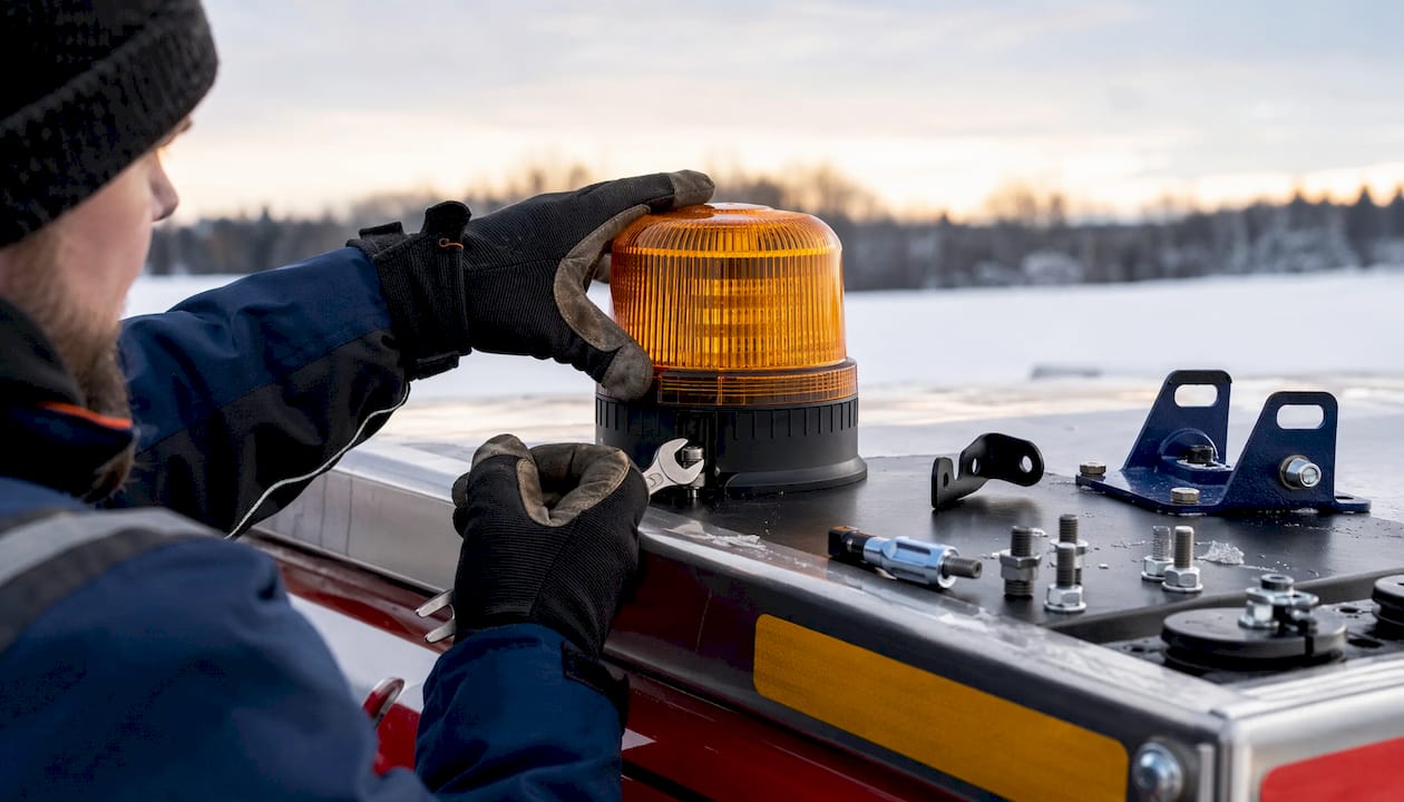 Close-up of beacon installation on truck roof