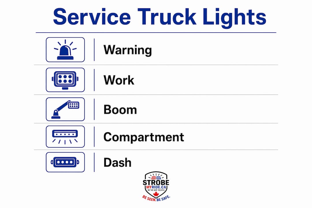 Infographic showing types of service truck lights with key categories