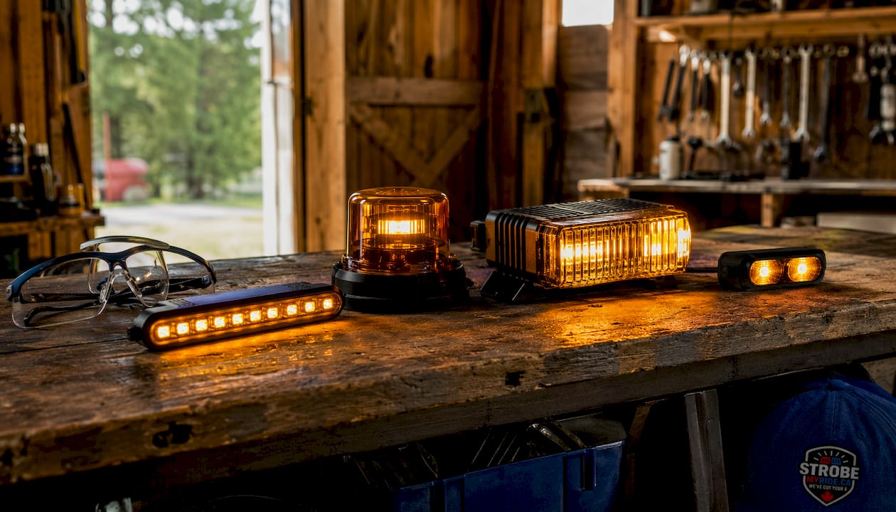 Various types of amber construction warning lights