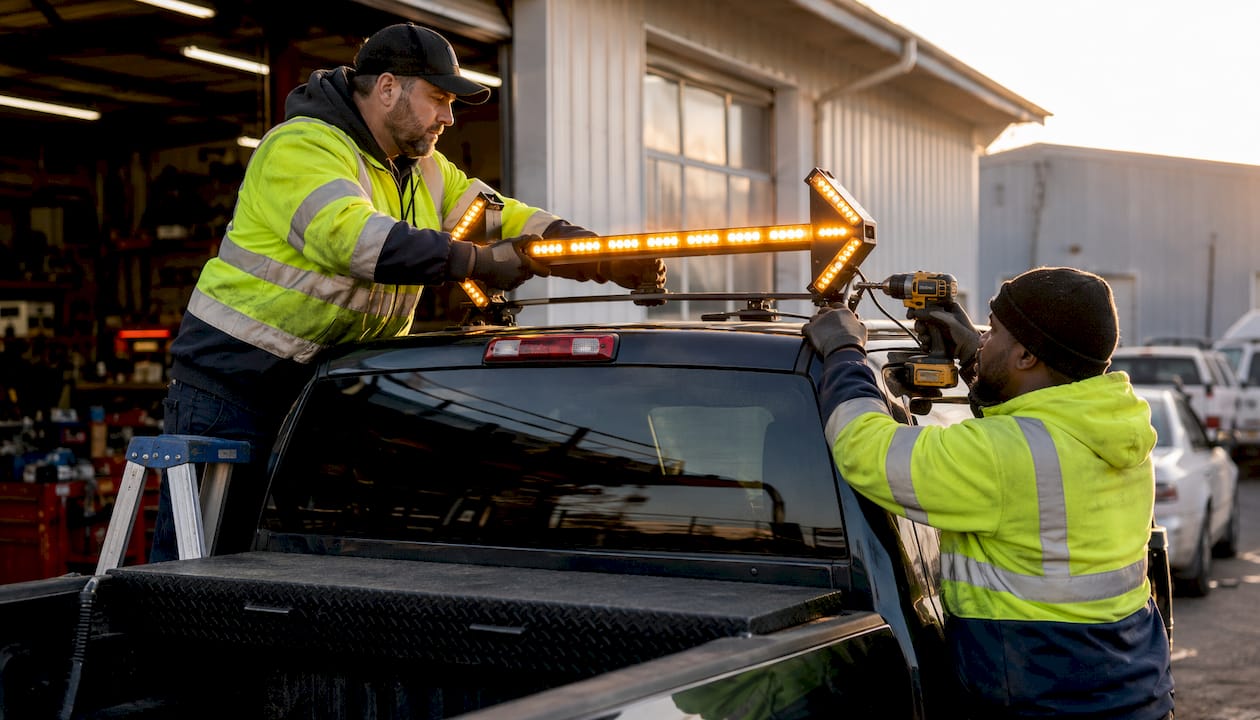 Construction workers installing strobe light on pickup truck