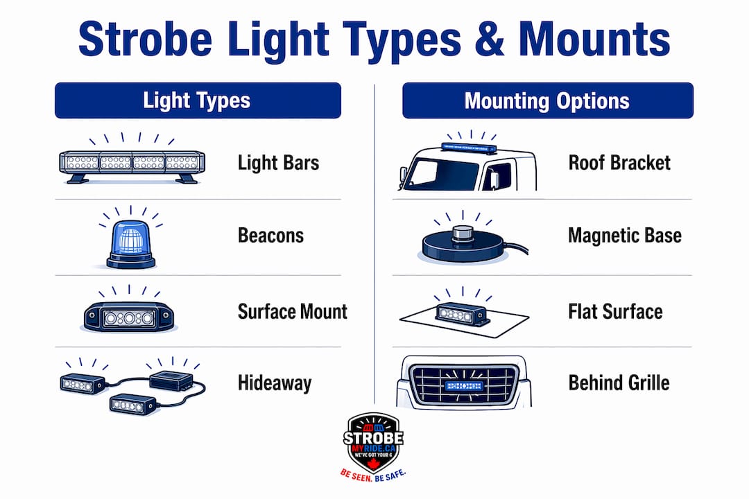 Infographic comparing strobe light types and mounting options