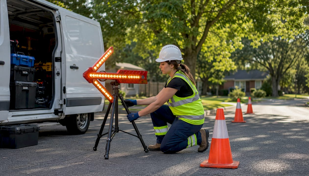 Technician deploying portable LED traffic arrow outdoors