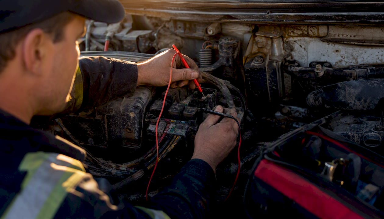 Technician testing relay in engine bay