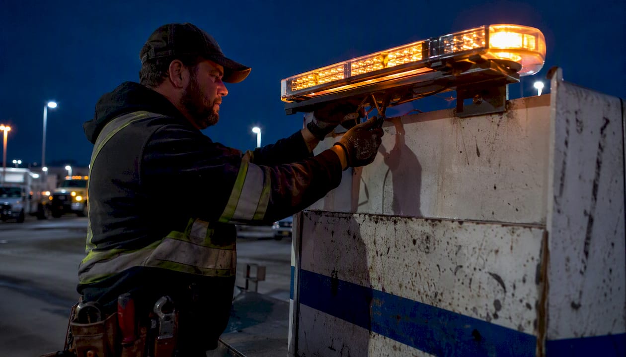 Technician testing LED light installation on truck