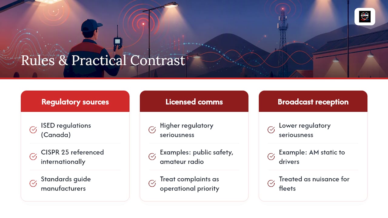 What are the rules around LED radio interference by region? — overview diagram