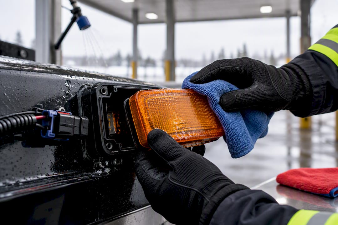 Operator cleaning pilot car warning lamp lens