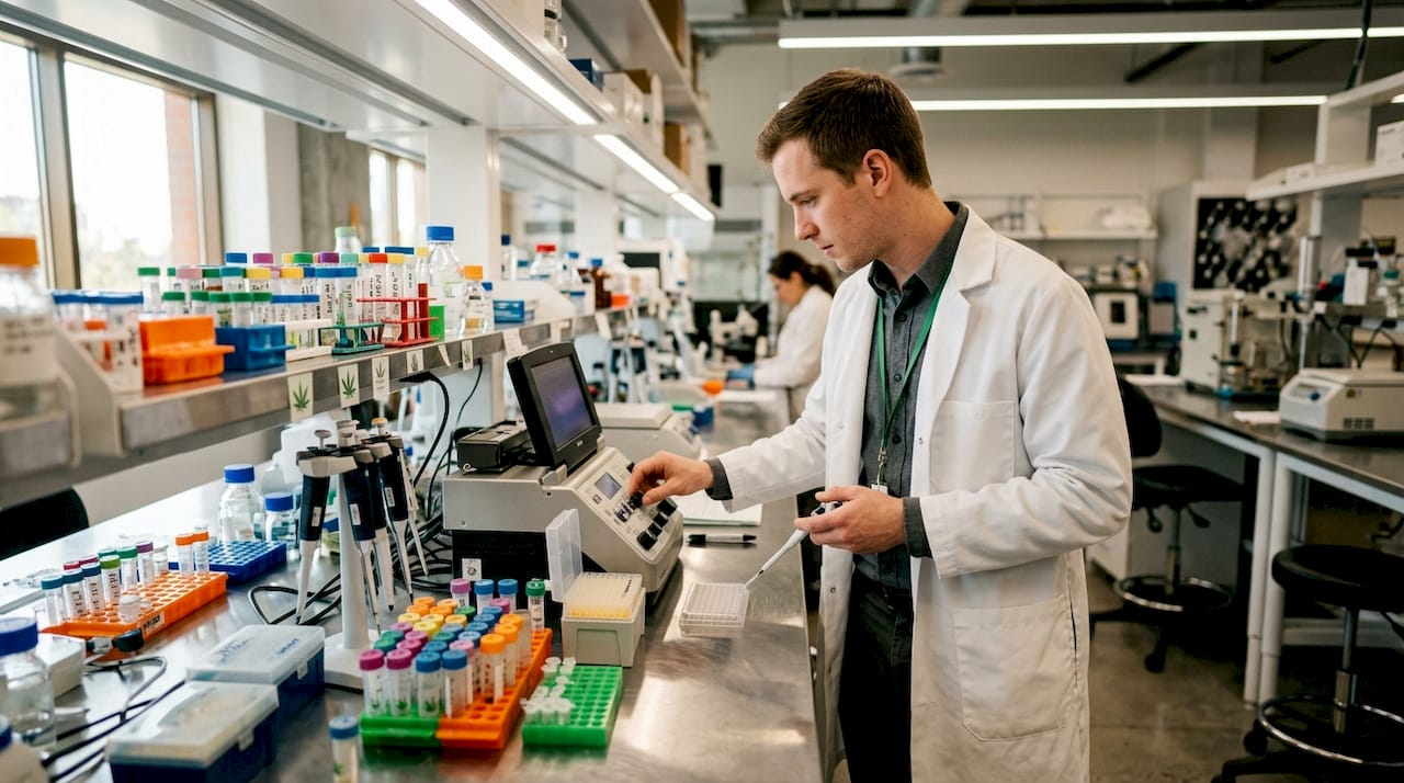 Technician adjusting cannabinoid receptor test device