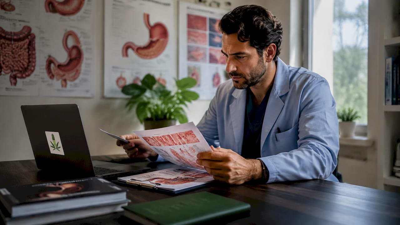 Doctor reviewing digestive system research in office