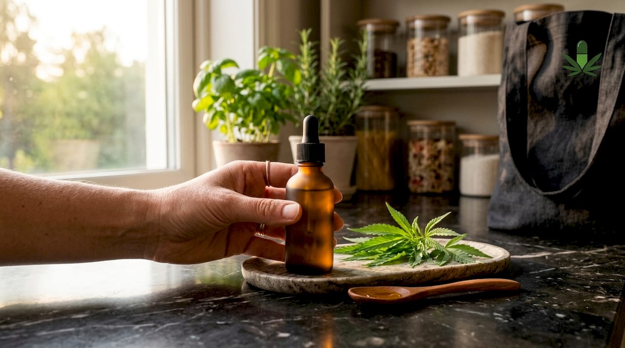 Close-up of CBD oil bottle and cannabis leaves